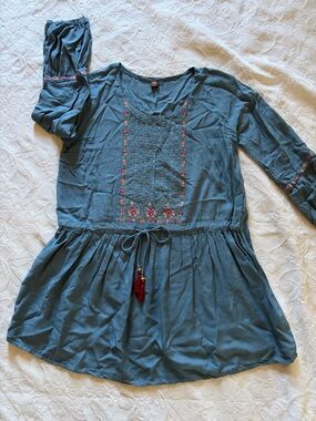 Blue Chambray Embroidered Peasant Tunic with Tassel Functional Drawstring Tie.